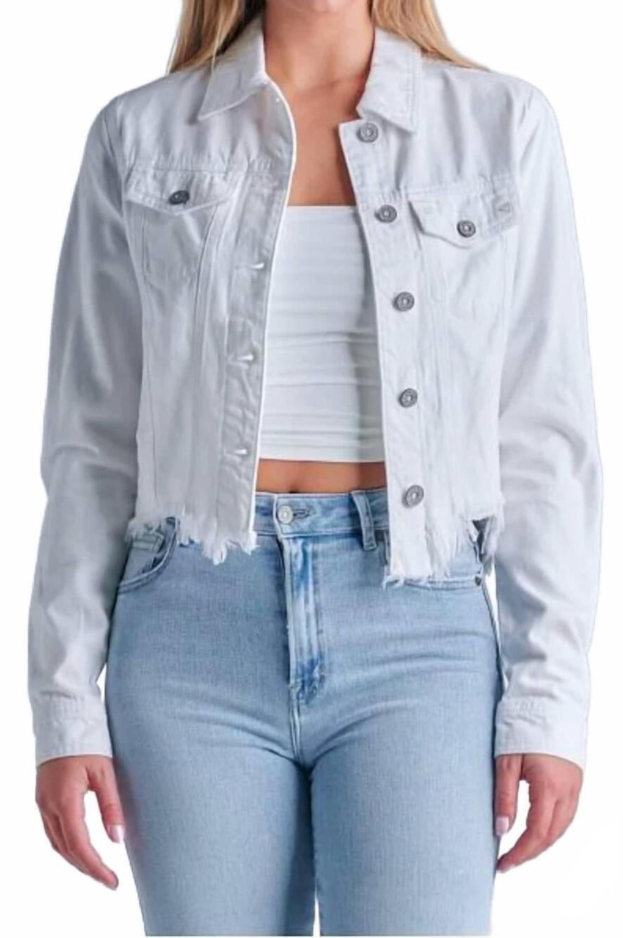 NEW HIDDEN frayed edge denim jacket in white